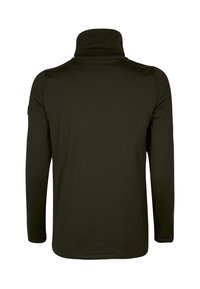 Jersey de manga larga color verde oscuro con cuello alto. Textura lisa, diseño sencillo y costuras discretas en el dobladillo y los puños. Sin logotipos visibles.