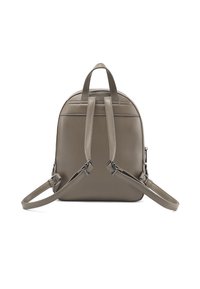 Szara skórzana plecak z zaokrąglonym wierzchem, podwójnymi ramiączkami i zamkami błyskawicznymi. Gładka faktura i minimalistyczny design.