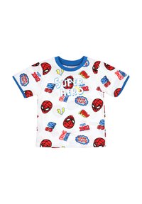 White kids' T-shirt with blue collar and sleeves, decorated with red superhero masks, comic-style words, and "SUPER HERO" text.