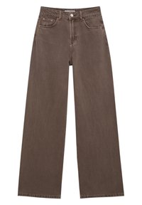 Ruskeat leveät farkut, jotka on valmistettu denimmistä. Varustettu napilla suljettavalla vyötäröllä, viidellä taskulla ja hienovaraisella tekstuurilla. Siisti helma ilman koristeita.