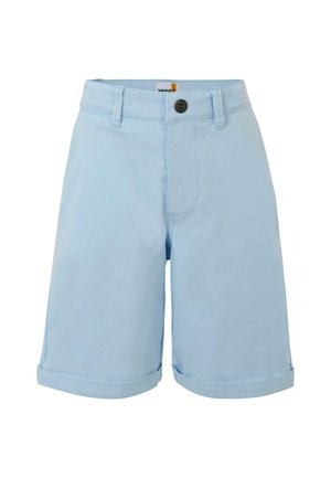 Shorts en coton bleu clair avec une fermeture à bouton, des poignets repliés, des poches avant et une étiquette logo sur la taille.