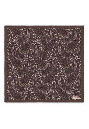 Braunes Einstecktuch mit beigem Paisley-Muster und kleinem "Boggi Milano"-Logo in der unteren Ecke.