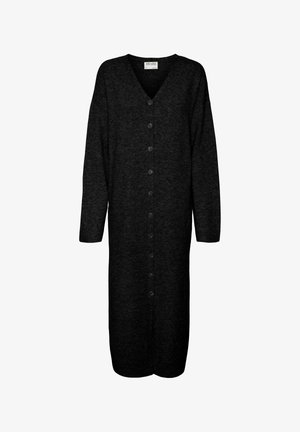 Black long cardigan made of knitted fabric, featuring a V-neck, long sleeves, and six front buttons. The design is simple and straight-cut.