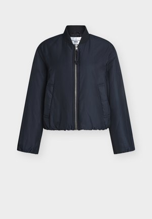 Tmavomodrá skrátená bomber bunda z hladkej tkaniny s predným zipsom, rebrovanými manžetami a dvoma bočnými vreckami.