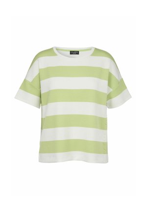 Kurzärmeliges Rundhals-Shirt mit breiten horizontalen weißen und hellgrünen Streifen, entspannte Passform.