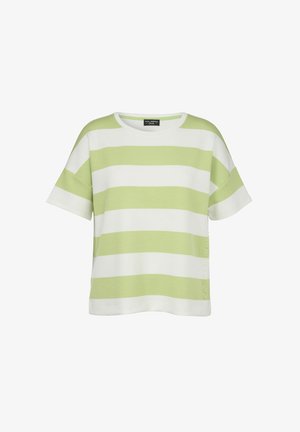 T-shirt met korte mouwen en ronde hals, brede horizontale witte en lichtgroene strepen, losse pasvorm.