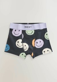 Boxer neri con motivi di faccine multicolor. Presenta una vita bianca con la scritta "NEXT". Tessuto morbido, elasticizzato e design aderente.