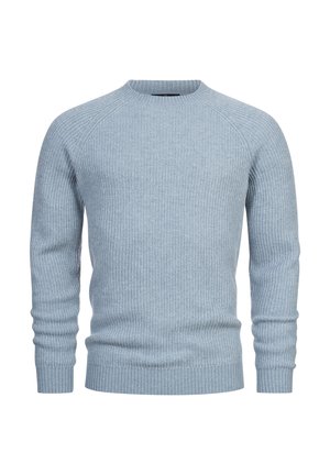 Hellblauer, gerippter Strickpullover mit rundem Ausschnitt und Raglanärmel. Das Modell besitzt ein strukturiertes Muster sowie schmal geschnittene Bündchen und Saum.