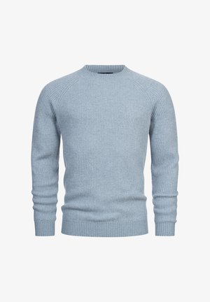 Hellblauer, gerippter Strickpullover mit rundem Ausschnitt und Raglanärmel. Das Modell besitzt ein strukturiertes Muster sowie schmal geschnittene Bündchen und Saum.