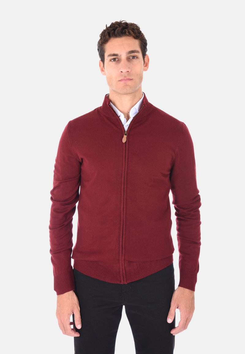 Maglione leggero bordeaux con zip e colletto alto, polsini e orlo a costine. Tessuto morbido, design aderente, dettagli minimalisti.