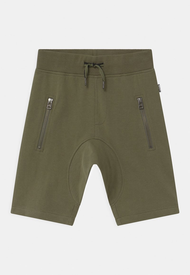 Shorts vert olive avec taille élastique, cordon de serrage, deux poches avant zippées et panneau renforcé à l'entrejambe.
