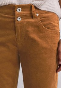 Bruine corduroy broek met een hoge taille, voorzien van zilveren knoop hardware en een voorkeurszak. De textuur is ribbelig en zacht.