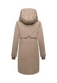 Beige lange jas met een grote capuchon met geborduurde details, verstelbare taille en ribgebreide manchetten. Gladde, gestructureerde stof met een moderne snit.