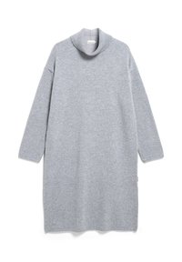 Grijze trui-jurk met een col, lange mouwen en een losse pasvorm. Gemaakt van zacht materiaal met een gladde textuur en een minimalistisch ontwerp.