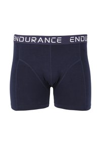 Navy blue boxer briefs with a soft texture and elastic waistband featuring "ENDURANCE" printed in white. Tailored fit with flat seams.