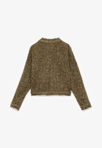 Korte mouw gebreide trui met lange mouwen in bruin en beige tweedstof, met een licht rafelige ronde halslijn, manchetten en zoom.