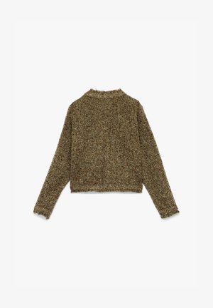 Pull cropped a maniche lunghe in tessuto tweed marrone e beige con scollo a girocollo leggermente sfrangiato, polsini e orlo.