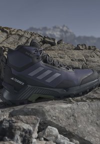 Black and gray Adidas Terrex hiking boot with rainproof label, resting on rocky terrain with blurred mountain background.