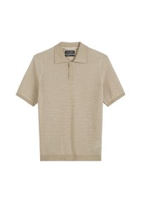 Beige polo shirt with short sleeves, textured knit pattern, traditional collar, three-button placket, and ribbed hem and sleeve cuffs.