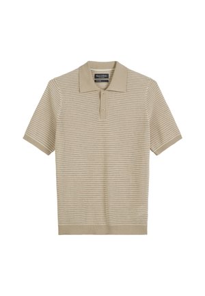 Beige polo shirt with short sleeves, textured knit pattern, traditional collar, three-button placket, and ribbed hem and sleeve cuffs.