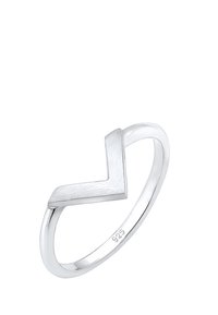 Ring aus Sterlingsilber mit akzentuiertem geometrischem V-förmigem Design, gebürsteter Oberfläche, polierter Band und Stempel "925" für Silberreinheit.