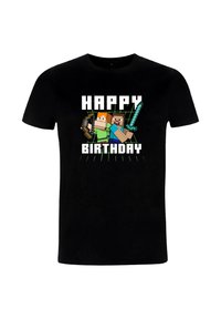 Black T-shirt featuring pixelated characters with a bow and sword. Text reads "HAPPY BIRTHDAY" in bold white letters against a green backdrop.