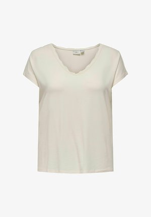 Balta trumpa rankovėmis marškinėliai su V formos iškirpte ir švelnia nėrinių apdaila iškirptėje. Minkšta medžiaga ir laisvas kirpimas.