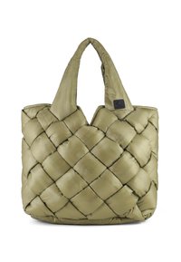 Borsa tote imbottita di colore verde oliva con un motivo trapuntato, dotata di due manici larghi e una piccola etichetta logo nera su un lato.
