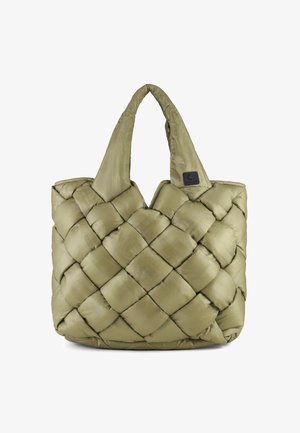 Polstret olivengrøn tote bag med et quiltet mønster, der har to brede håndtag og et lille sort logo-patch på den ene side.