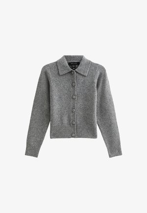 Cárdigan gris con cuello, con botones en el frente y dobladillo acanalado. Fabricado con tejido suave, cuenta con mangas largas y seis botones a juego.