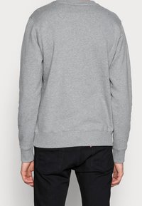 Osoba oblečená v jednoduché světle šedé mikině s dlouhým rukávem a černých džínách, zobrazená zezadu na bílém pozadí.