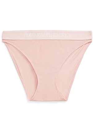 Svetlo roza bombažne spodnjice z belim elastikom v pasu, na katerem je napis "POLO RALPH LAUREN". Gladka tekstura in oprijet dizajn s klasičnim krojem.
