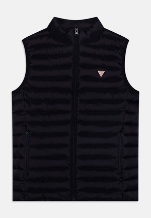 Gilet nero imbottito con collo alto, cerniera frontale e due tasche laterali con cerniera. Tessuto liscio con motivo trapuntato e dettaglio logo.