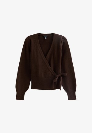Bruine wikkeltrui met lange mouwen, gemaakt van zacht materiaal. Kenmerkt een V-hals en een strikdetail in de taille. Textuur, ontspannen pasvorm ontwerp.