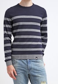 Maglione a righe blu navy e grigio con scollatura tonda, maniche lunghe e orlo a costine. Abbinato a jeans chiari strappati.