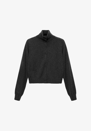 Pull cropped gris foncé avec un col montant, des manches longues et des boutons sur le devant. Texture douce avec des détails côtelés sur les poignets.