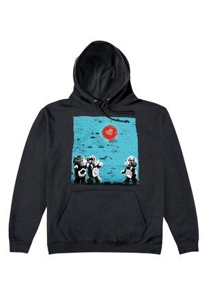 Czarny hoodie z graficznym nadrukiem przedstawiającym misie na niebieskim tle ceglanym, z czerwoną sylwetką serca w górnej części.