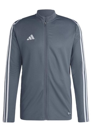 Grijze sportjack gemaakt van polyester. Heeft een volledige rits, hoge kraag en witte strepen op de schouders. Adidas-logo op de borst.