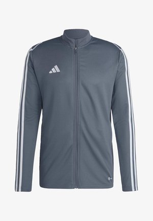 Gray athletic jacket made of polyester. Features a full zip, high collar, and white stripes along the shoulders. Adidas logo on the chest.