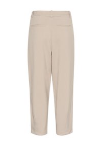 Pantalons beiges à coupe droite, avec une taille plate, deux poches arrière et un ourlet retroussé. Fabriqués dans un matériau lisse et léger.