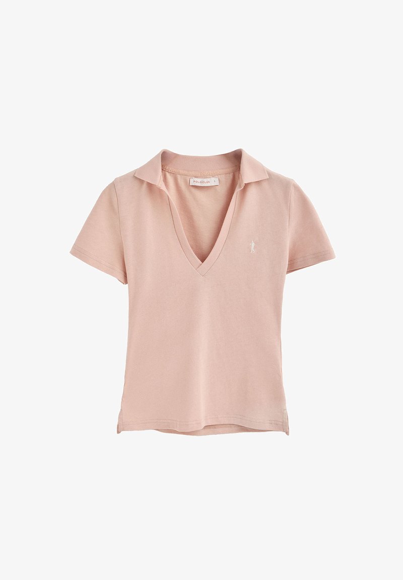 Ljusrosa polo skjorta med V-ringning, kort ärm och en liten vit logotyp på vänster bröst. Tillverkad av mjukt, avslappnat tyg.