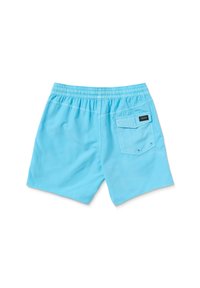Shorts de bain bleu clair avec une taille élastique, dotés d'une poche arrière avec une étiquette et sans motifs ni accents visibles.