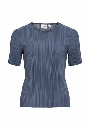Trumpu rankovių, apvalaus kaklo tamsiai mėlynas marškinėliai su vertikaliu raukšlėtu tekstūru. Pagamintas iš minkštos medžiagos, su prigludusia siluetu. Prekės ženklas: VILA.