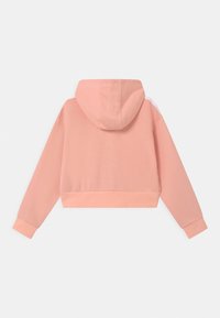 Haut court à capuche en rose clair, doté d'une capuche, de manches longues et de poignets côtelés. Matière douce avec une texture lisse et sans motifs visibles.