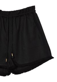 Pantaloni corti neri con vita regolabile, dotati di tasca frontale e orli sfrangiati per texture. Realizzati in tessuto leggero adatto per l'abbigliamento casual.
