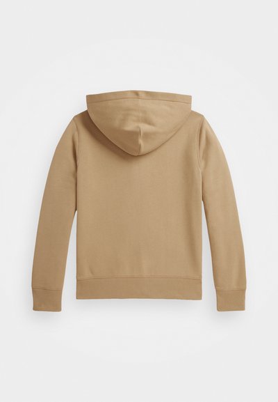 Beige Kapuzenpulli mit Kordelzug, langen Ärmeln und glatter Textur; verfügt über gerippte Bündchen und Saum, von hinten präsentiert.