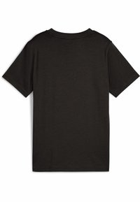 T-shirt noir à manches courtes en tissu lisse avec un col rond, présentant un design simple et uni sans motifs ni logos.