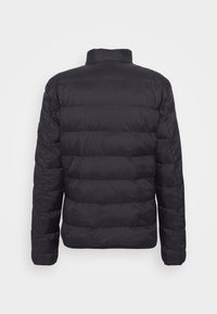 Black puffer jacket with horizontal quilted design, high collar, and long sleeves. Smooth texture and minimalistic style without visible hardware.