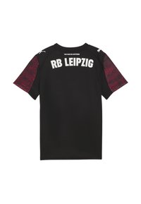 Sort sportstrøje med korte ærmer. Røde mønstrede detaljer på ærmerne. "RB LEIPZIG" i hvid tekst på bagsiden. Tekstureret stof.