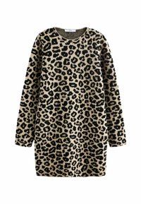 Vestito maglione a motivo leopardato in beige e nero, realizzato in tessuto morbido, con collo rotondo e maniche lunghe.
